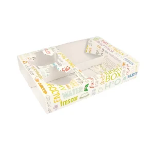 Bandejas transporte 2 vasos+2 compart. ‘parole’ 450 g/m2 26x19x5 cm blanco cartoncillo