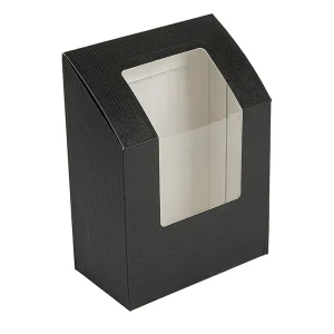 Cajas para «tortilla» con ventana ‘thepack’ 230 g/m2 + opp 9,2×5,1×9,2/12,5 cm negro cartón ondulado nano-micro
