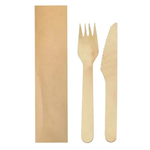 Set tenedor, cuchillo enfundados kraft ‘makan’ 16 cm natural madera