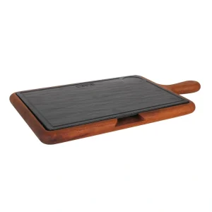 Bandeja Pizarra Rectangular Con Asa Y Soporte Madera Iroko